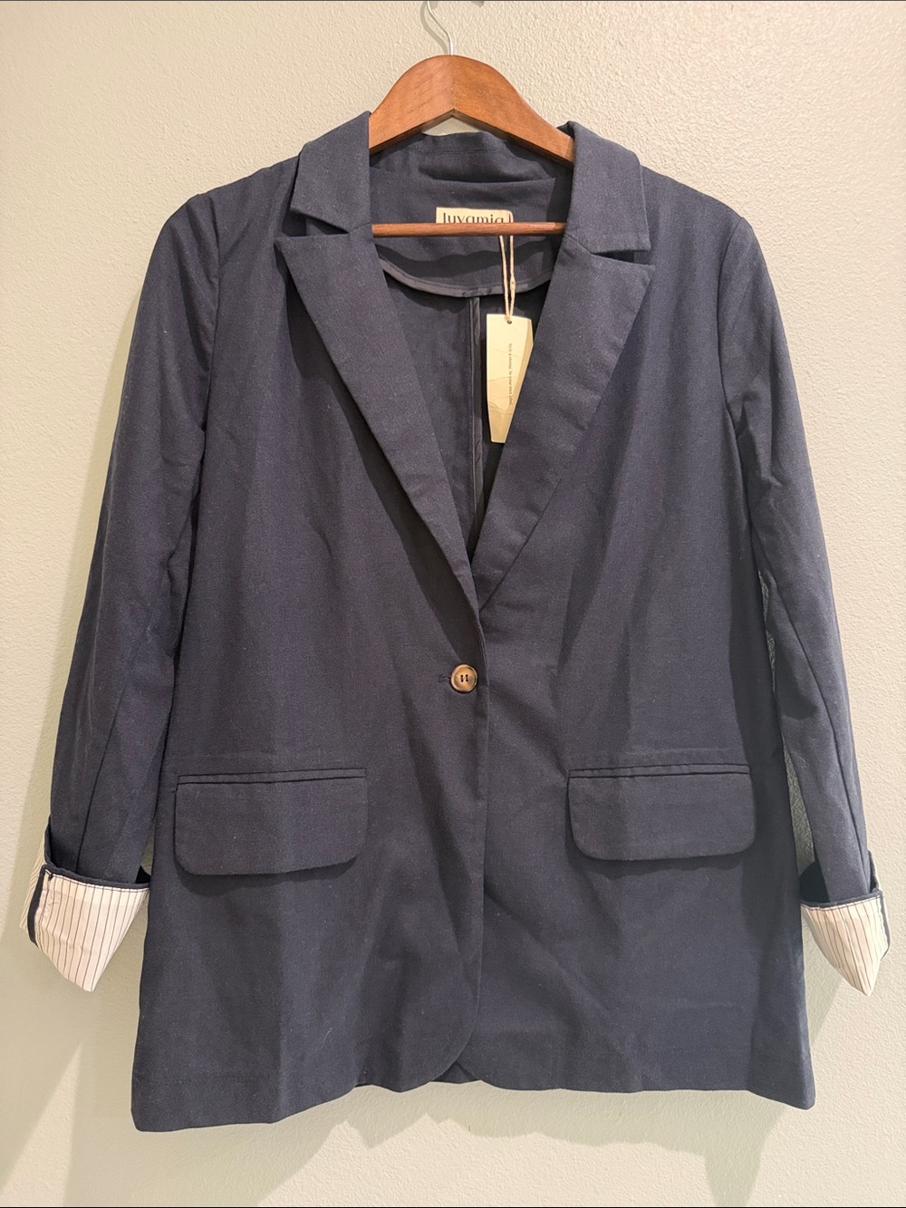 Luvamia Navy Single-Button Women's Blazer Cotton/Linen Blend Cuffed Flip Wrist M